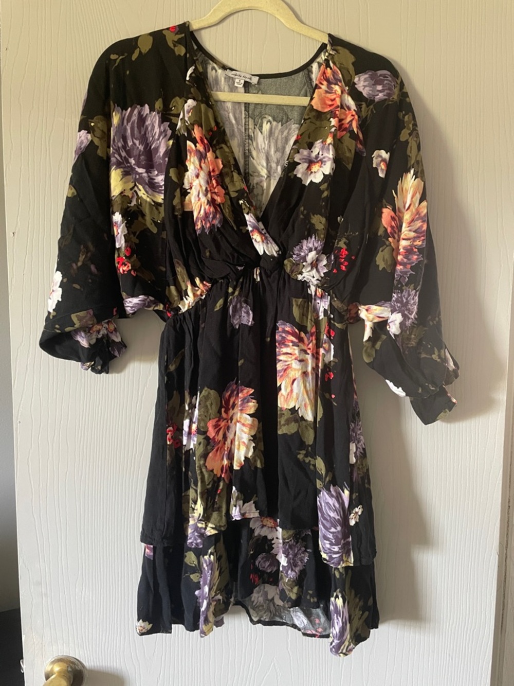 white birch Black Floral Wrap Mini Dress with Purple & Cream Blooms